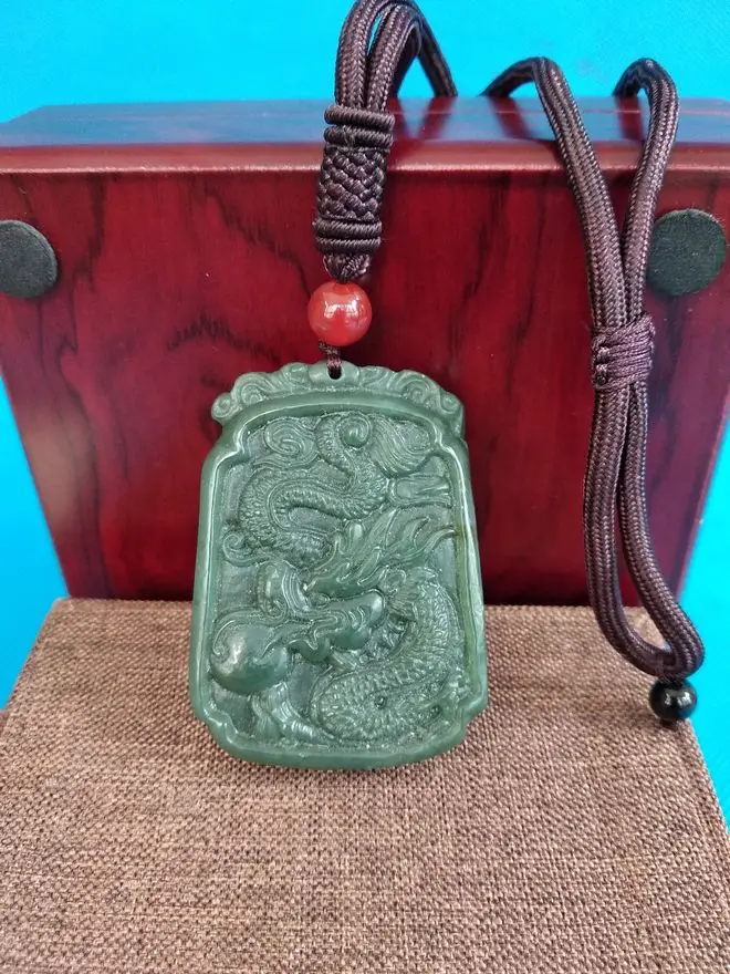 

Nature Bottle Green jade Pendant jadite Amulet Necklace Hand Carven Sun Dragon Lucky