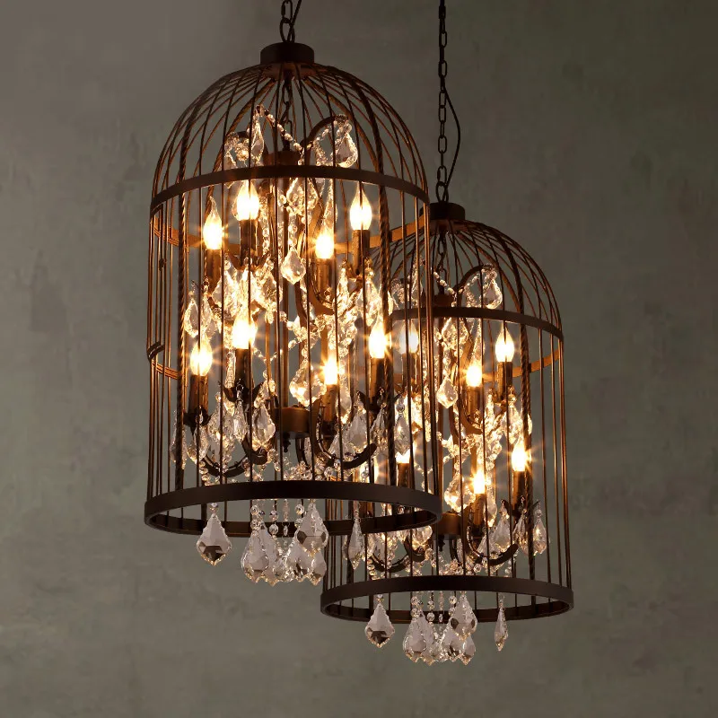 

American Vintage Restaurant Bird Cage Crystal Chandelier Lamp Home Deco Living Room E14 LED Villa Rust Iron Light Fixture