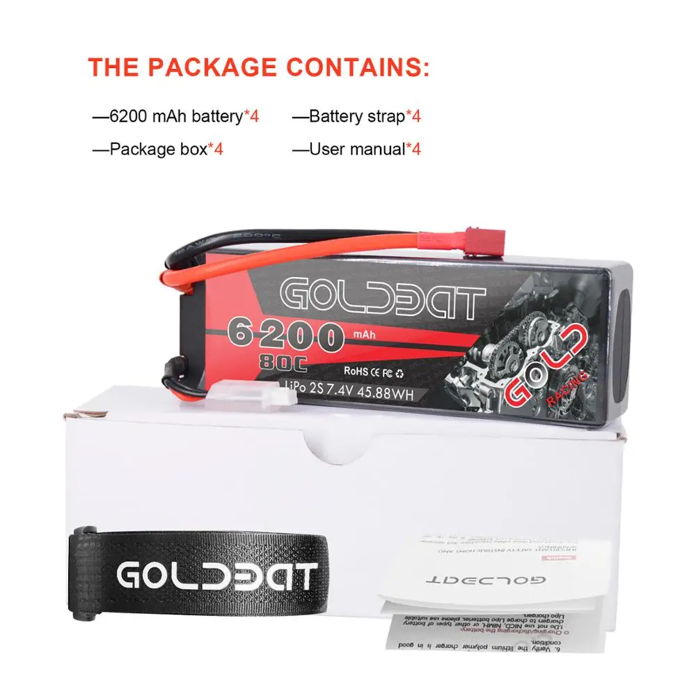 

4units GOLDBAT 6200mAh Lipo Battery for RC Car Battery Lipo 7.4V Lipo 2s 80C With Deans Plug For RC Car Truck Helicopter Traxxas