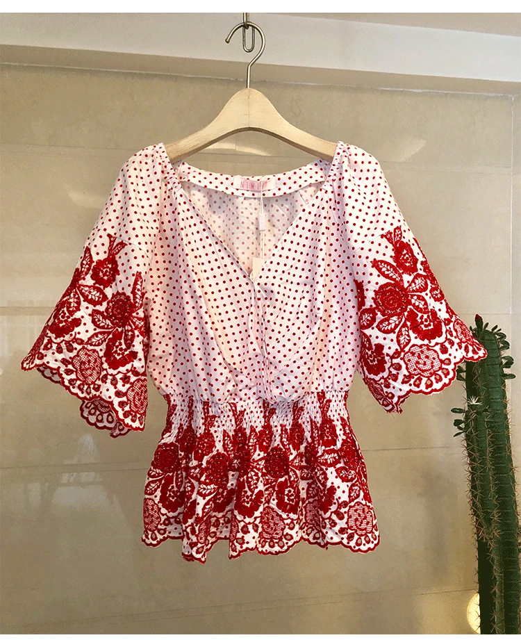 Новые женские топы и блузки в горошек Blusas Mujer De Moda трехмерные цветочные вышитые летние женские Топы N9291