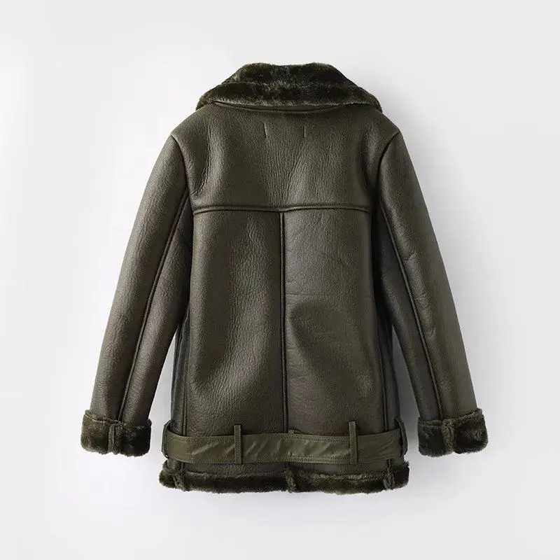 

Casual Winter Thick Women Coat Faux Leather Wool Female Jacket Solid Color Turn-down Collar Lady Outside Top