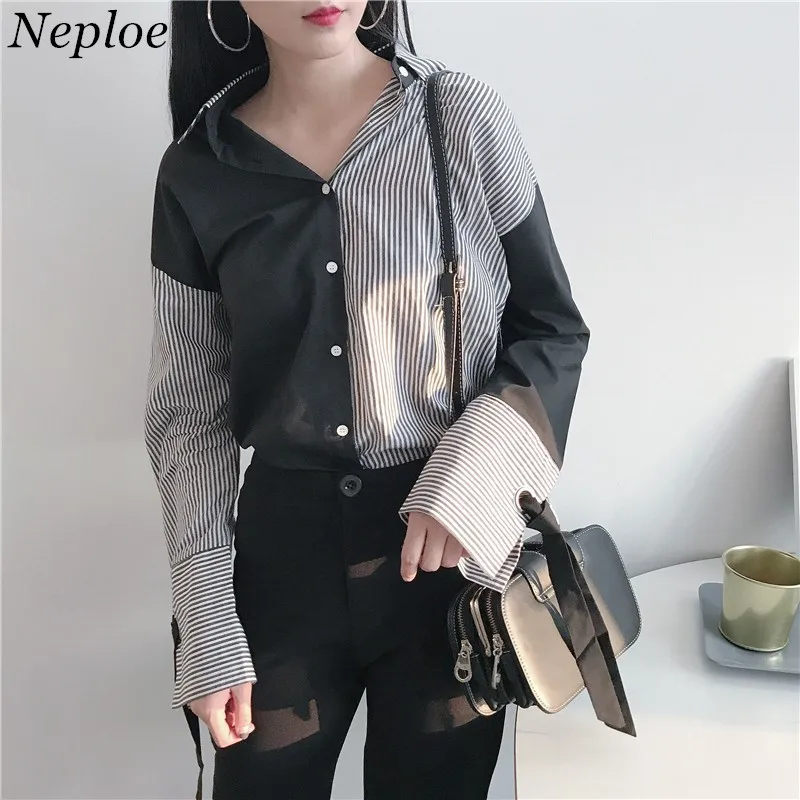 Neploe, винтажная полосатая женская блузка, пэчворк, весна, новая мода, на шнуровке, повседневные свободные рубашки, BF стиль, женские блузки 66943