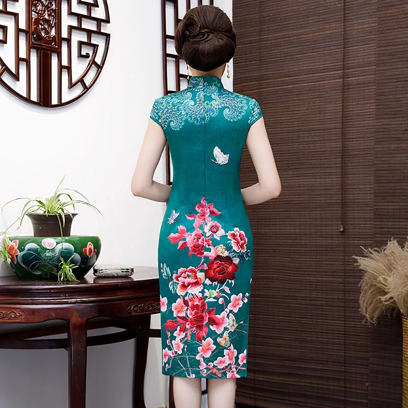 

2019 New Fashion Knee Length Cheongsam Chinese style Mandarin Collar Dress Womens Summer Rayon Qipao Slim Party Dresses Vestido