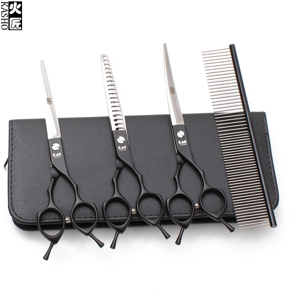 4Pcs Suit 6.5&quot JP 440C Kasho Comb+Straight+Thinning Shears+Up Curved Shears Professional Grooming Scissors Pet Set H3009 | Красота и