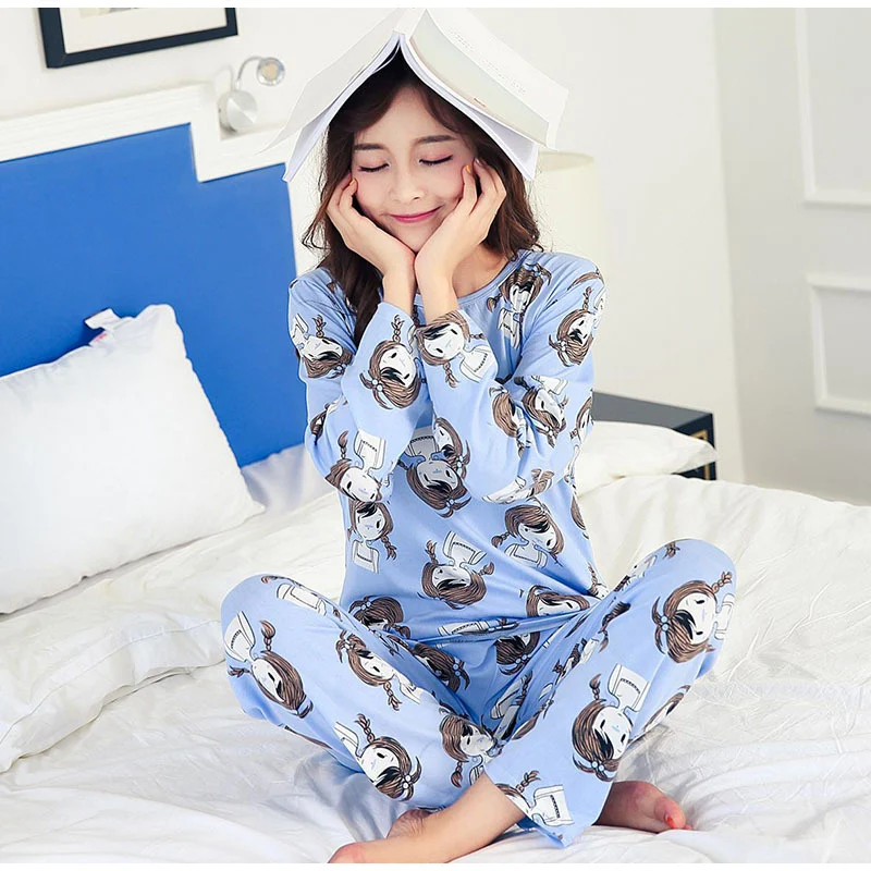 Для женщин длинный рукав мультфильм печати рубашка брюки 2-piece Pajama Set пижамы Homewears женский осень Милые комплекты Для женщин