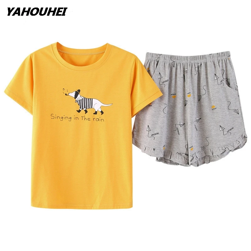 Женские пижамные комплекты, большие размеры, M-2XL, хлопок, короткий рукав, пижама с рисунком, женская летняя одежда для сна, топ+ штаны, комплект из 2 предметов - Цвет: duan tiaowengou huan