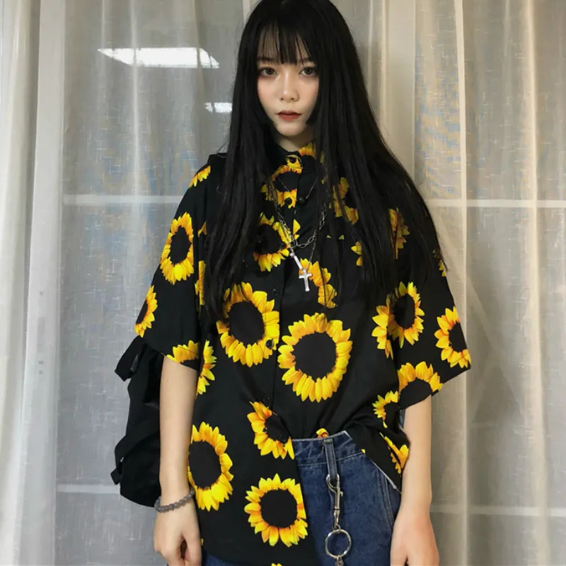 Винтажные рубашки с цветочным принтом, блузы, Harajuku, с принтом подсолнуха, с короткими рукавами, однобортный Кардиган, с отложным воротником, топы, блузы
