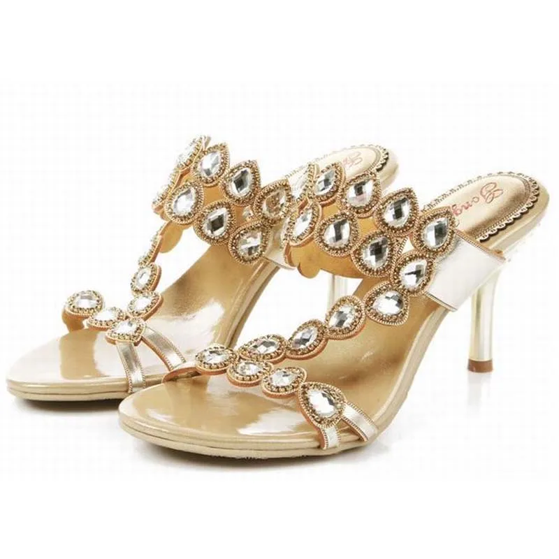 

Большие размеры 34-44; Лидер продаж 2018 года; Роскошные брендовые шлепанцы на тонком высоком каблуке со стразами; женские блестящие шлепанцы; летние туфли-гладиаторы