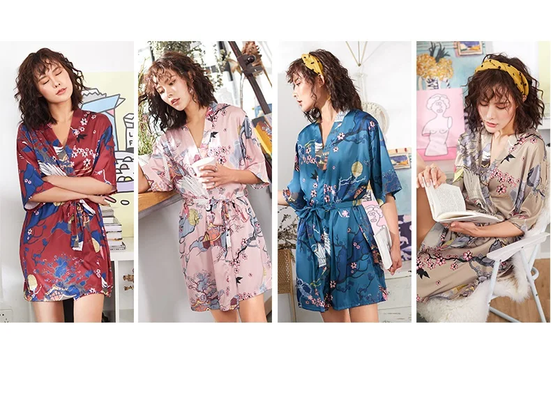 Women Bride Bridesmaid Robe Flower Satin Short Night Robe Sleepwear Night Dress Sexy Bathrobe Plus Size Female Flower NightGown
