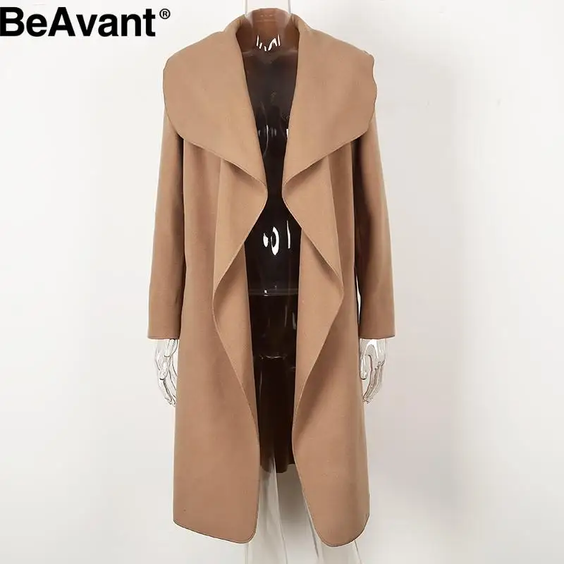 

BeAvant Ruffled warm wool coat women Turndown collar pink long coat autumn overcoat Female sash black winter coat outwear 2018