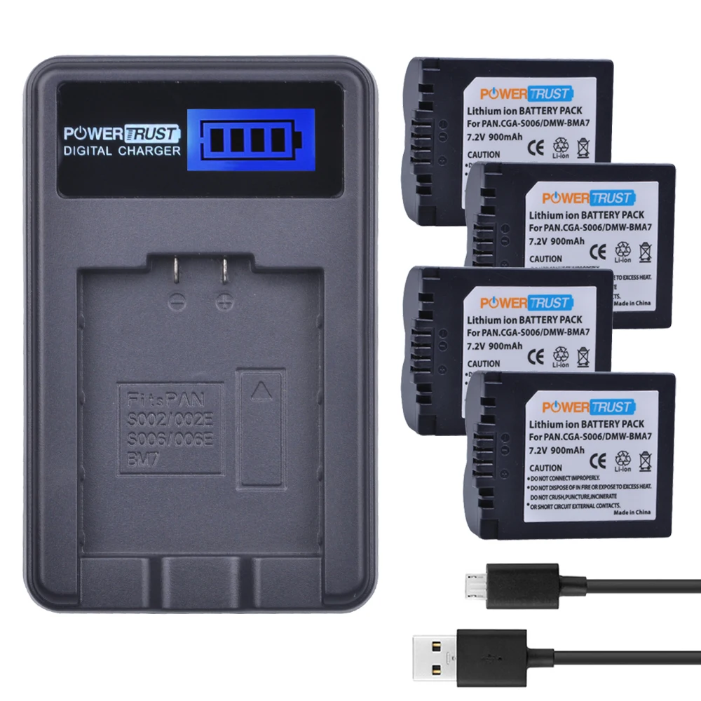 

PowerTrust 4Pcs CGA-S006 CGA S006E S006A S006 DMW-BMA7 Battery + LCD USB Charger for Panasonic DMC FZ7 FZ8 FZ18 FZ28 FZ30 FZ35