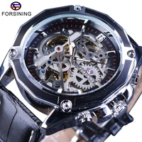 forsining gear transparent movement steampunk wristwatch genuine belt self wind automatic men skeleton watches top brand luxury