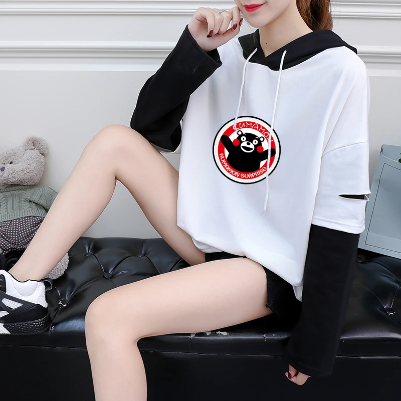 

y2k Top T Shirt Kawaii Kumamon Cartoon Print Tee Shirts Loose False 2PC Stitch Long Sleeve Hooded Harajuku Woman T-Shirt Clothes