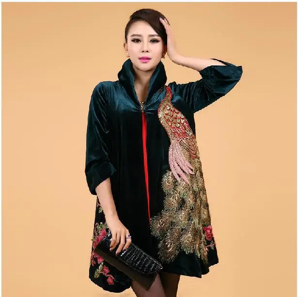Новинка женский Шелковый Тренч размера плюс 5XL с золотой бархатной вышивкой