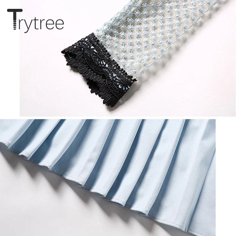 Trytree лето осень высокая улица рюшами Платье-рубашка женское жаккардовое кружевное лоскутное Плиссированное ТРАПЕЦИЕВИДНОЕ ПЛАТЬЕ с разрезом на подоле Повседневное платье