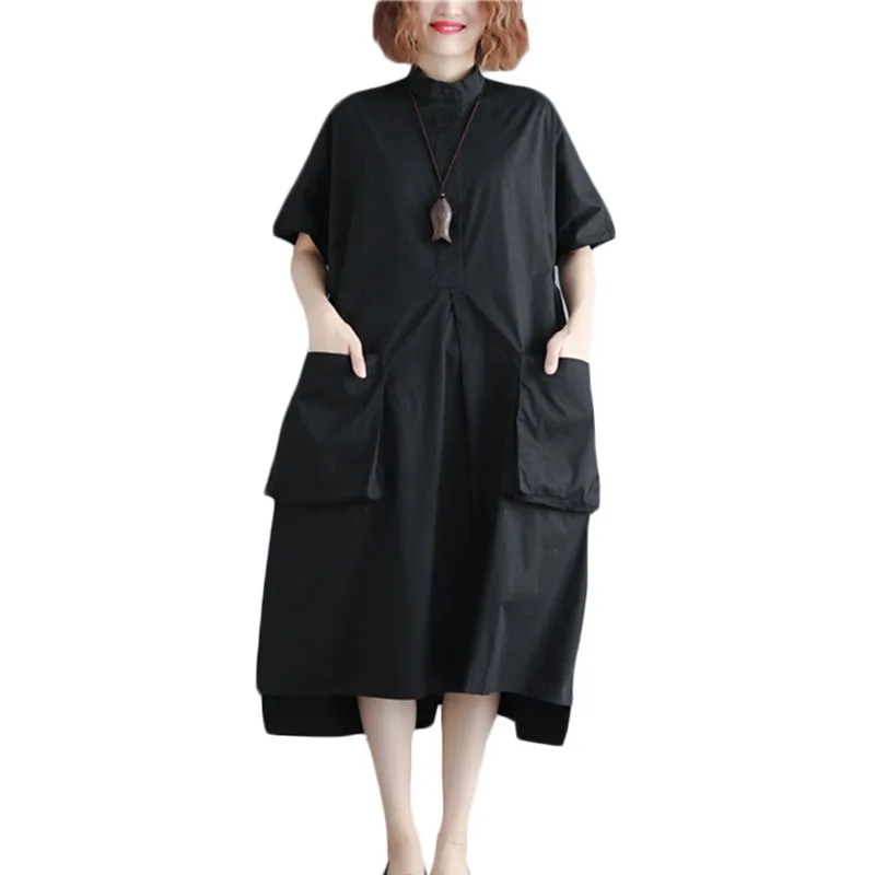 

Loose Big Pocket Short Sleeve Dress Women Stand Collar Plus size Black Dresses Summer New Fashion Vintage Women's Dresses F019