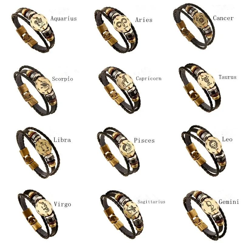 12 стилей! Кожаный браслет для мужчин Скорпион Лев дева Козерог Стрелец близнецы