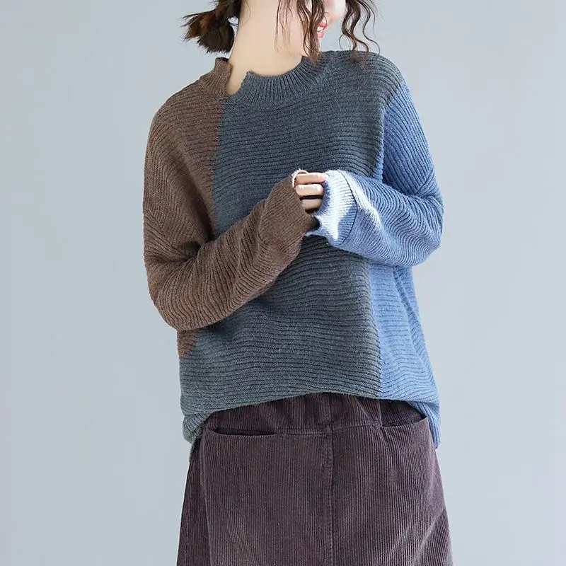 Mferlier Thick Womens Sweaters O Neck Long Sleeve Chic Panelled Patchwork Pullover Loose Casual Ladies Artsy Winter Warm Sweater | Женская