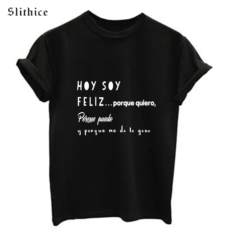 Slithice/модные футболки в испанском стиле с буквенным принтом; женские повседневные футболки с коротким рукавом из хлопка; летние женские футболки; Топ белого и черного цвета
