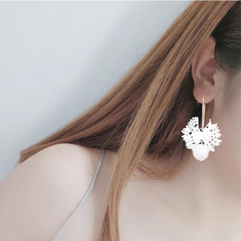 Женские Висячие серьги Boucle D'oreille длинные с искусственным жемчугом и кружевными