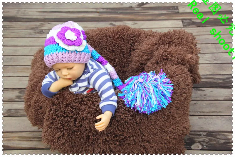 

free shipping, newborn elf Stocking Caps ,baby long tail hat with flowers newborn knitting photography props size:0-1m,3-4m