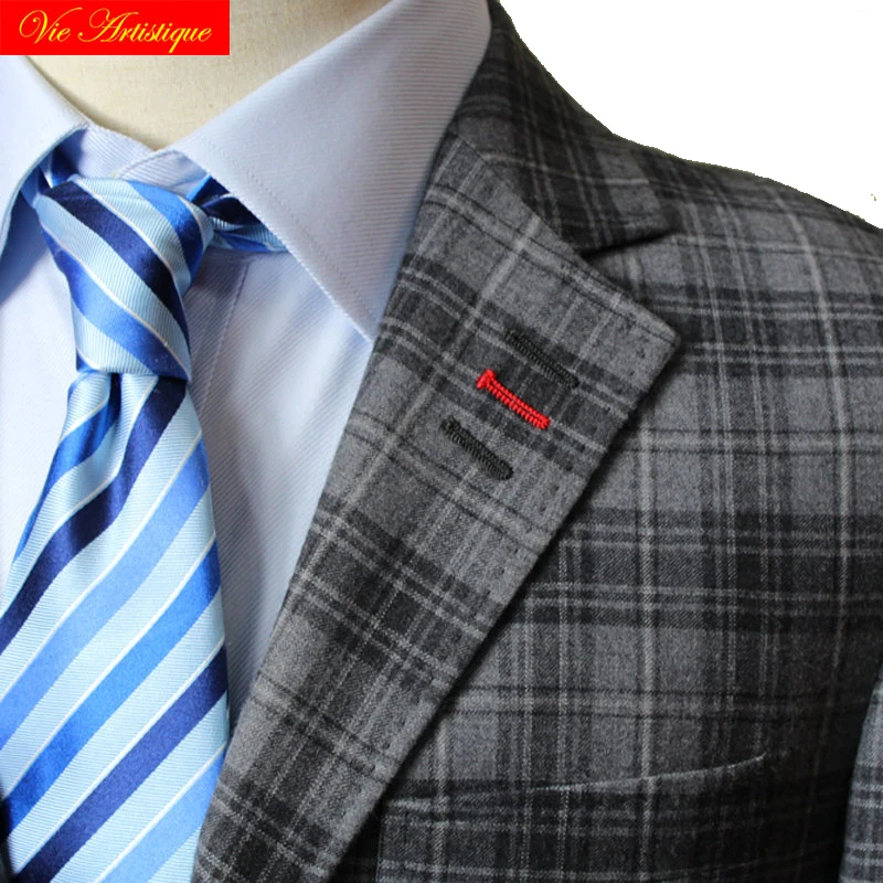 custom tailor made suits 3 pieces jacket pant vest Worsted wool Men's groom tuxedos slim fit wedding grey whales plaid 2018 new