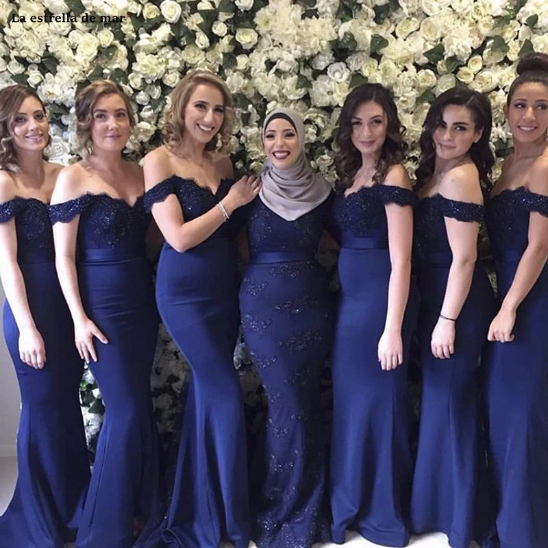 

Vestido madrinha new lace satin Off the Shoulder short sleeve navy blue sexy mermaid bridesmaid dress long sukienki na wesele