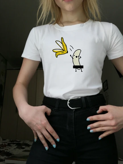 Летняя Повседневная забавная женская футболка с мультяшным принтом голой банан