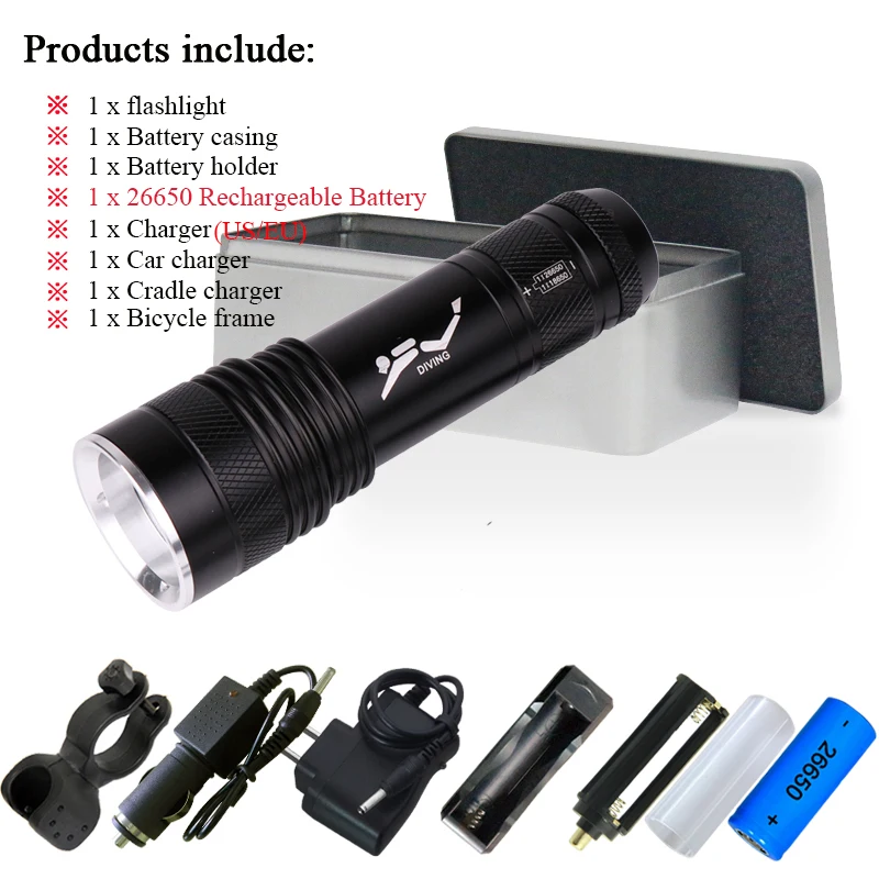 Dive Torch E1-BOX Двойной фитиль Дайвинг фонарик xml t6 светодиодный налобный фонарь подводный светильник 18650 26650 батарея перезаряжаемый головной светильник УФ-лампы - Испускаемый цвет: Dive Torch E1-BOX