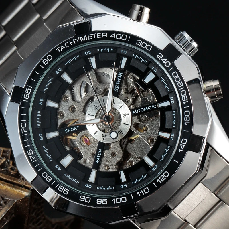 Мужские часы-скелетоны SEWOR деловые Брендовые повседневные механические стальные