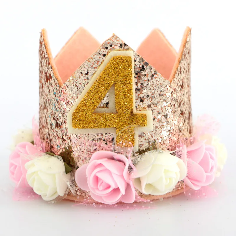 rose gold hat 4 Счастливые шляпы для празднования первого дня рождения, декоративная крышка, один праздничный колпак, корона принцессы, 1-й 2-й 3-й год, детский аксессуар для волос - Цвет: rose gold hat 4