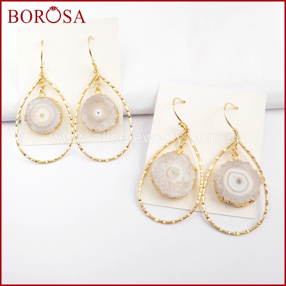 

BOROSA 5Pairs New Stylish Sun Flower Quartz Charm Earrings, Gold Color White Solar Quartz Teardrop Druzy Dangle Earring G1582
