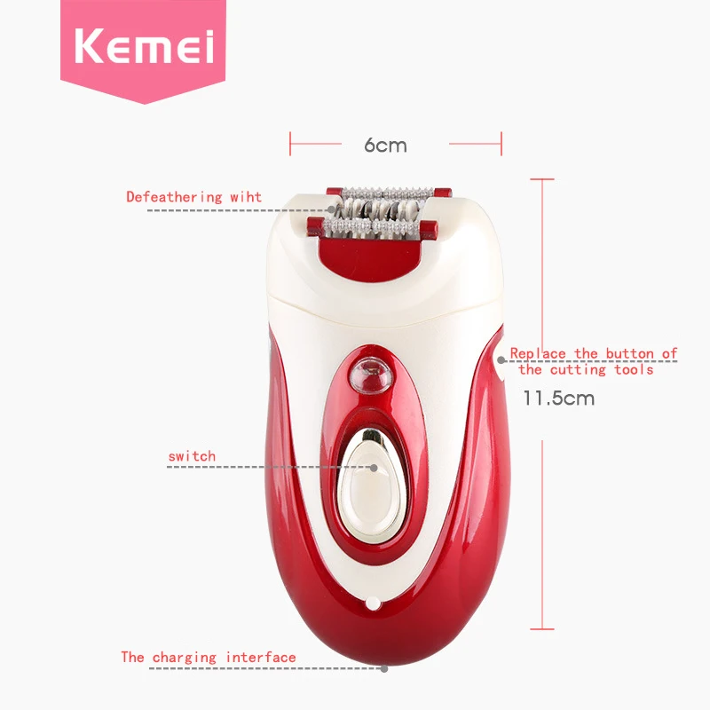Фото Электрический эпилятор KEMEI 3 в 1 для женщин, аккумуляторная Красная Женская бритва, триммер для тела и бикини №2
