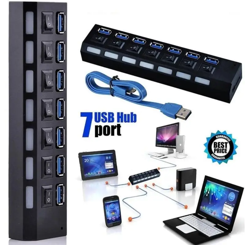 7 портов usb 2,0 концентратор Высокоскоростной адаптер 480 Мбит/с usb разветвитель концентратор 2,0 с выключателем питания для ipad ноутбука компьютера телефона