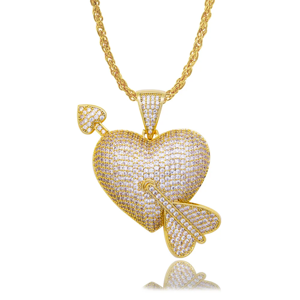 

Hip Hop Micro Paved AAA Cubic Zirconia Bling Iced Out Cupid Arrow Heart Pendants Necklace for Men Rapper Jewelry Gold Color