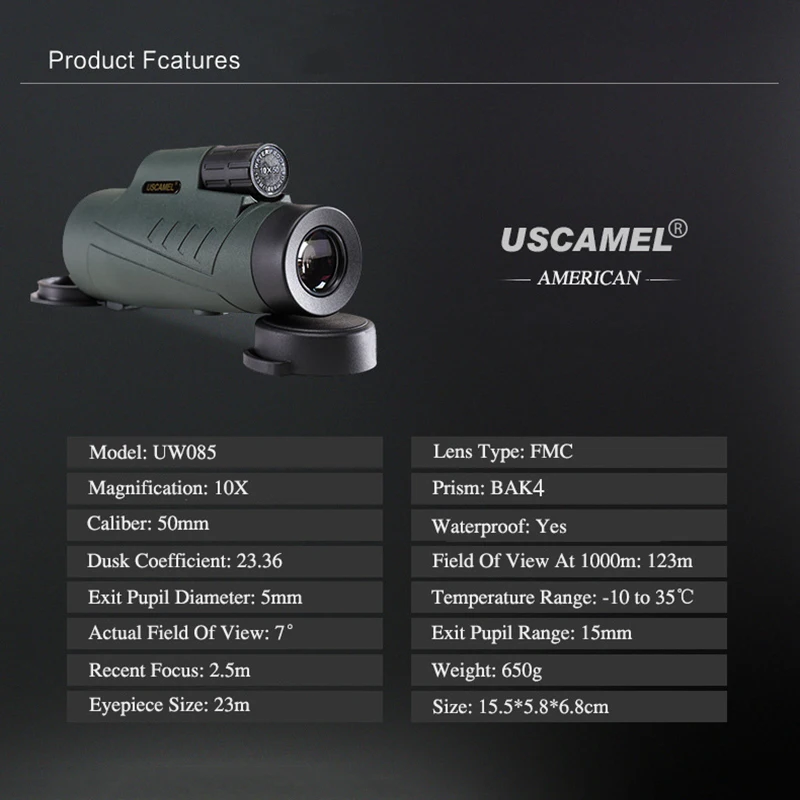 USCAMEL 10x50 HD Bak4 Монокуляр телескоп открытый Водонепроницаемый оптические линзы Охота путешествия пятнистость Телескопический Монокуляр телескоп Телефон