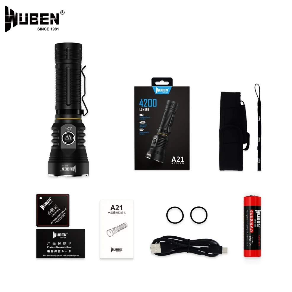WUBEN A21 LED Flashlight CREE XHP70 4200 Lumen with USB Rechargeable outdoor LED Torch +4800mah Battery