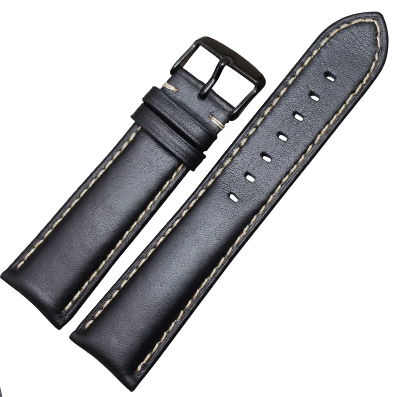 Black black buckle Ремешок для часов ручной работы из натуральной кожи 18, 19, 20, 21, 22, 24 мм, черный, темно-коричневый винтажный браслет на запястье, стальная пряжка - Цвет ремешка: Black black buckle