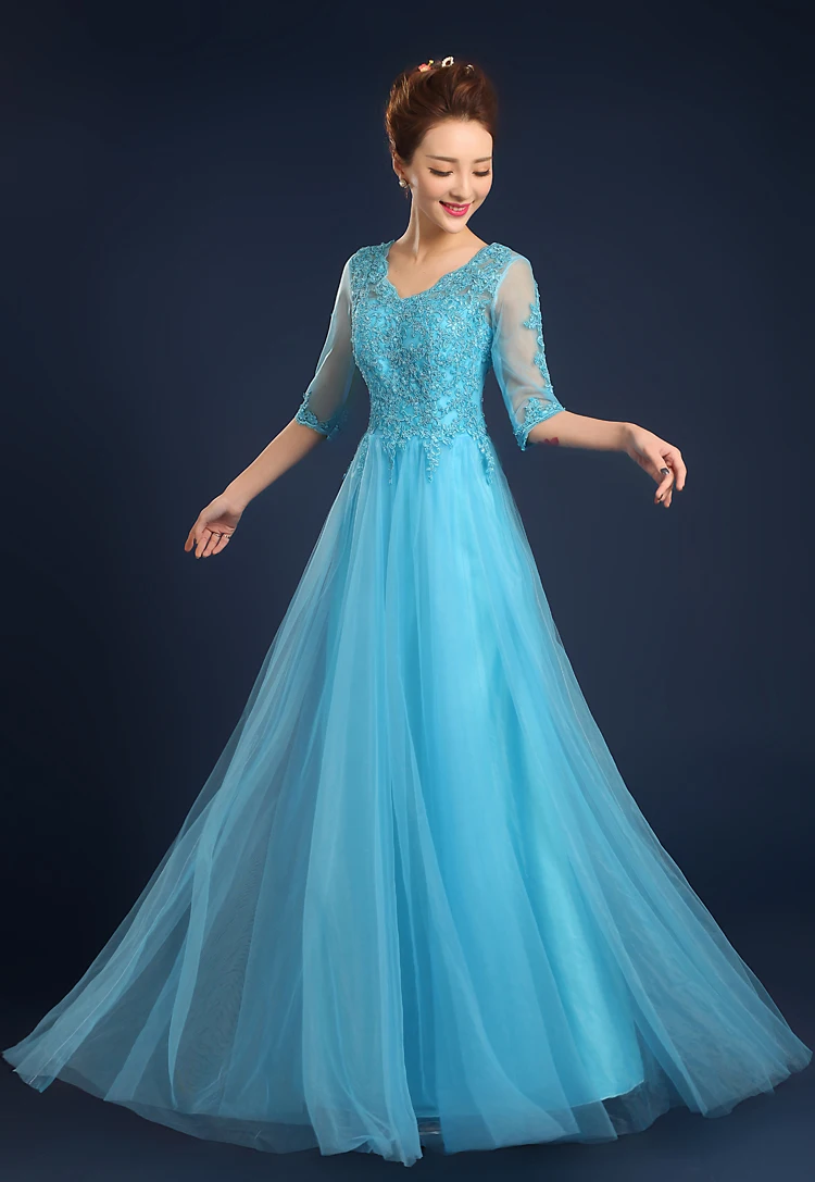 Vestido formatura festa2019 тюль бисером Половина рукава A Lina бирюзовый фиолетовый красный королевский синий платье подружки невесты длинное свадебное