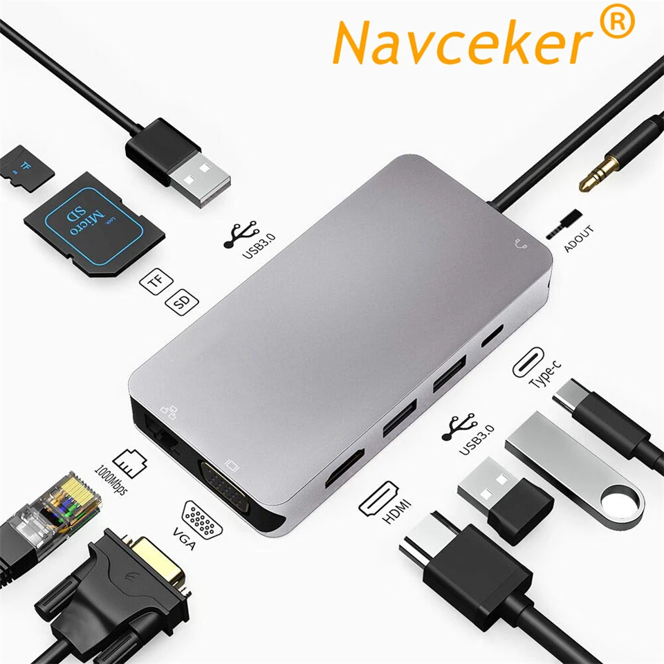 Usb хаб 10 в 1 адаптер Thunderbolt 3 Type C док станция порта USB 0 4K HDMI 1080P VGA RJ45 Gigabit Ethernet для Macbook