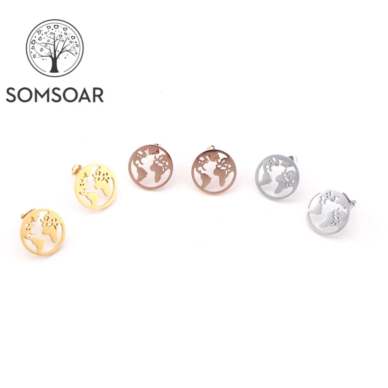 

Серьги-гвоздики Somsoar, 15 мм, из нержавеющей стали, с посеребрением/золотом/розовым золотом, для женщин, кулон с картой мира