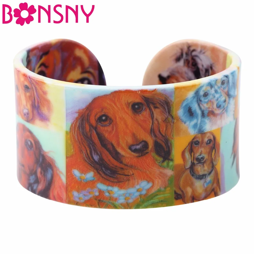 

Bonsny Acrylic Wide Lying Dachshund Dog Bangles Bracelet Unique Animal Jewelry For Women Girls Pet Lovers Gifts Party Decoration
