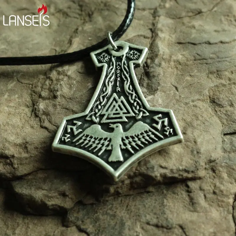 Lanseish10pc черный оловянный крест и символы Thors молоток кулон Викинг норвежский Бог