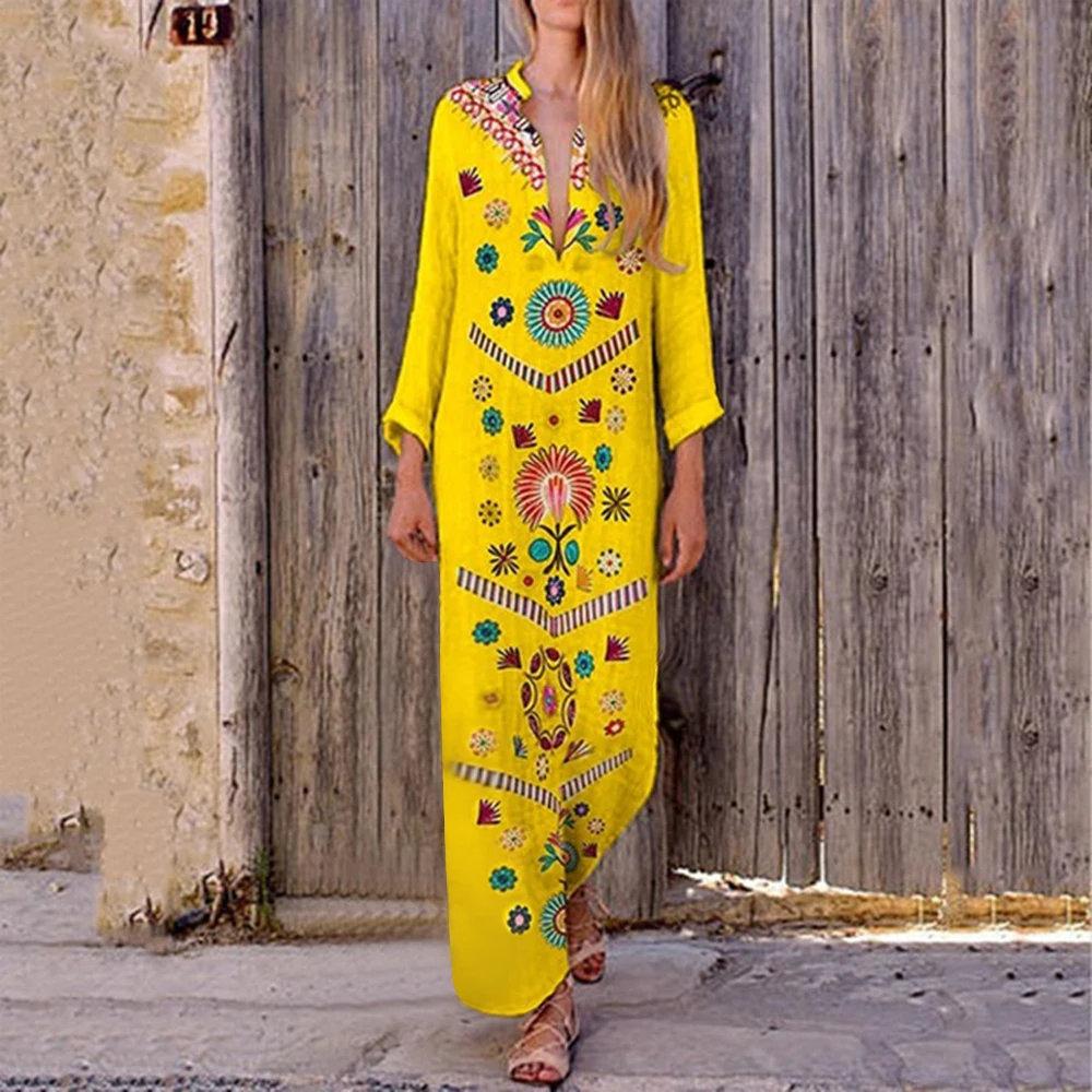 Женское модное Свободное платье с длинным рукавом и v-образным вырезом в стиле