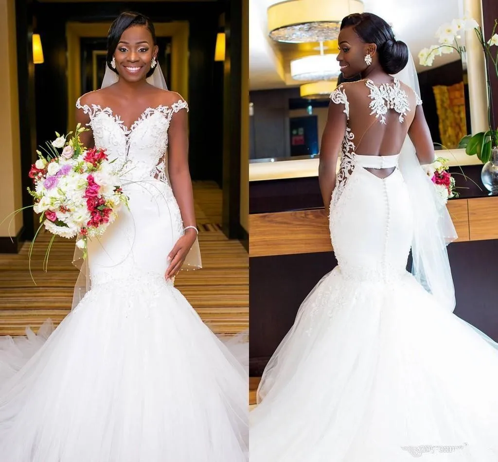 New Arrival African Mermaid Wedding Dresses 2019 Illusion Backless Applique Lace Court Train Mermaid Bridal Dress Wedding Gowns