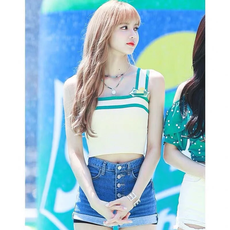 Kpop черно-розовая Лиза белая полоса Корейская повседневная майка с высокой талией Женская летняя свободная сексуальная майка уличная одежда новая одежда