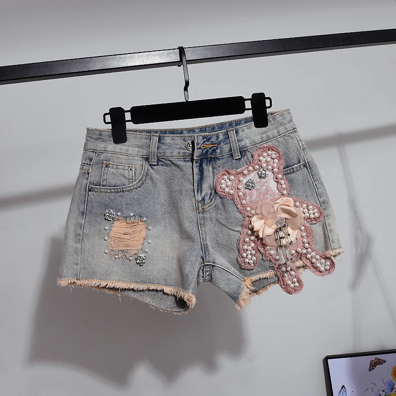 Denim Shorts Pants Suits Summer 2019 Woman Newv Flowers Embroidered with Sequins Short Sleeved T-shirt + Suit Sets |