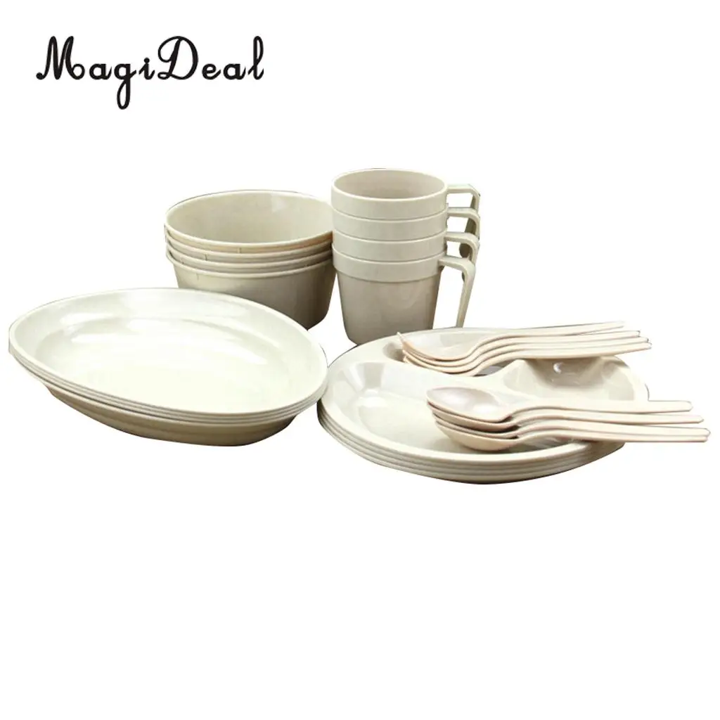 MagiDeal, 24 шт.(4 кружки, 4 миски для супа, 4 ложки, 4 вилки, 8 тарелок), для еды, многоразовые, для улицы, вечерние, для пикника, кемпинга, набор посуды