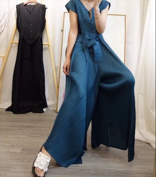 Хит продаж модные комбинезоны Miyake с V-образным вырезом брюки высокой талией и