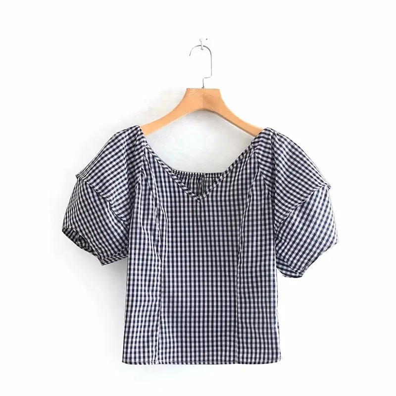 Новинка 2019 Женская винтажная клетчатая повседневная женская блузка с v образным